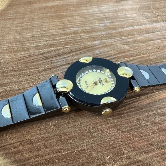 Designer Womens Gold Rhinestones Stainless Steel Black Watch main image 5